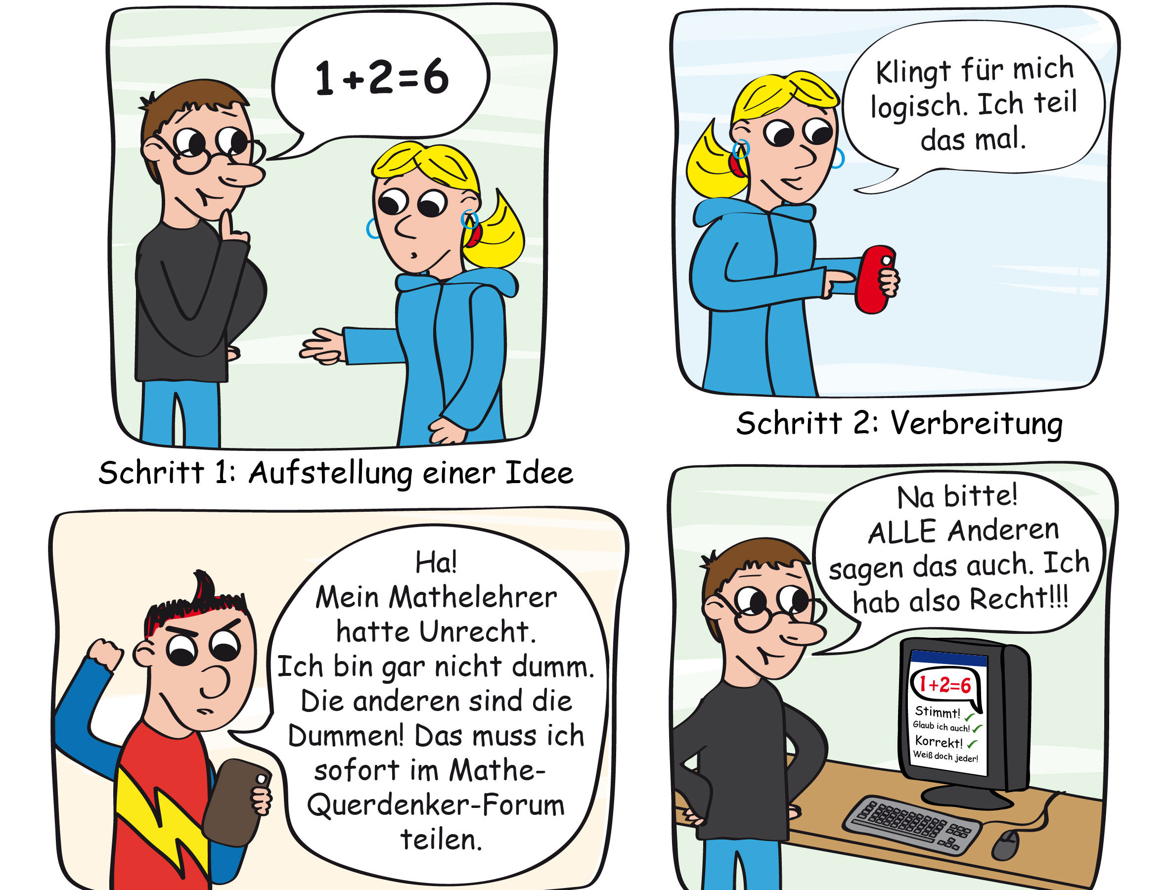 Cartoon zur absrden Fake News Verbreitungslogik